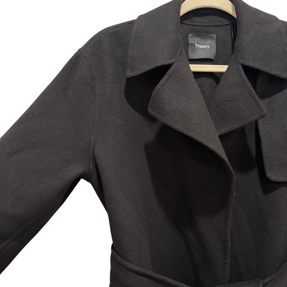 NWT Theory Long Wrap Belted Trench Coat Wool Cashmere Black Sz M - Picture 8 of 16